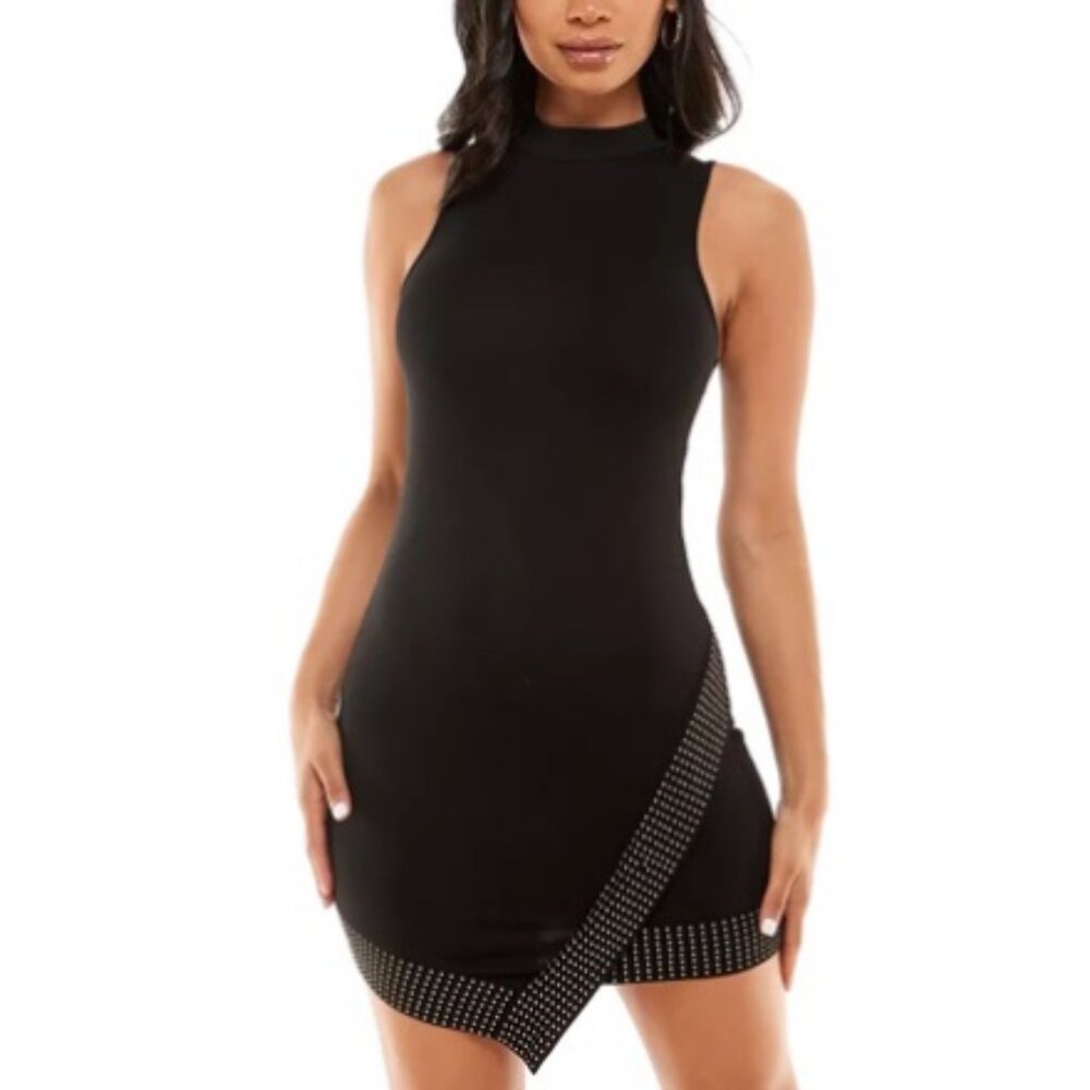 *NWT* bebe Black and Gold Asymmetric-Hem Embellished Mini Dress